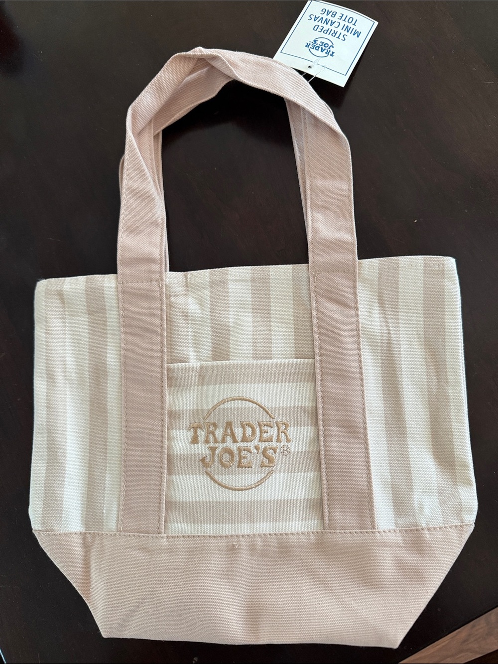 TAN Trader Joe’s striped mini tote